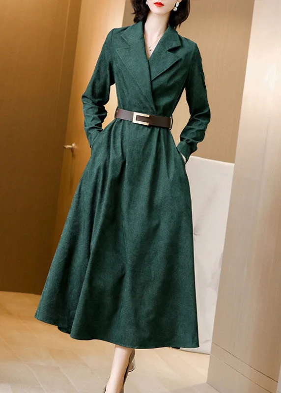 v-neck dressFrench Green Peter Pan Collar Tie Waist Patchwork Corduroy Long Dresses Fall