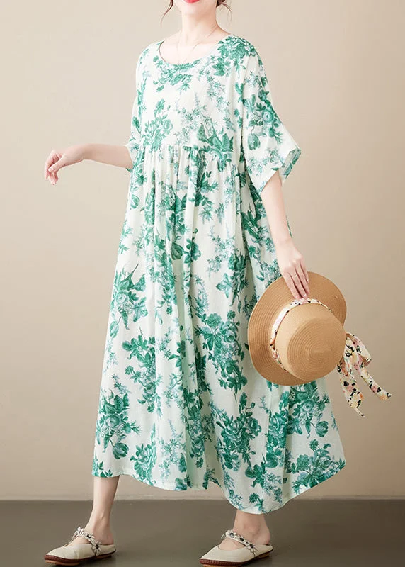 mini dressBrief Green O-Neck Patchwork Print Cotton Maxi Dresses Summer