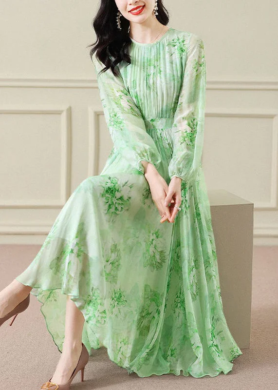 tiered dressElegant Green Wrinkled Print Chiffon Maxi Dress Long Sleeve