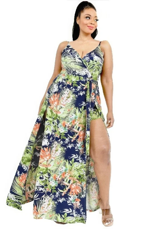 romantic dressPlus Tropical Leaf Print Surplice Maxi Dress