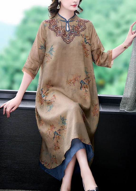 vintage dressVintage Coffee Stand Collar Embroideried Patchwork Linen Long Dresses Summer