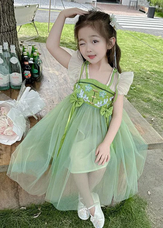 formal dressElegant Green Embroideried Patchwork Bow Tulle Kids Long Dress Short Sleeve