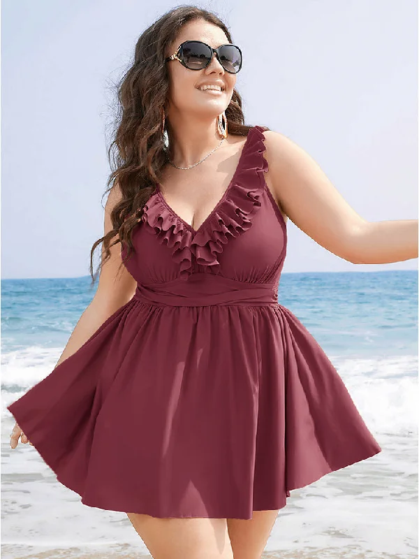 fitted dressRuffle Trim Adjustable Straps Gathered Sculpt Waist Swim Dress