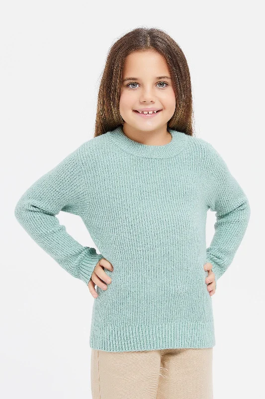 Girls Green Crew Neck Pullover