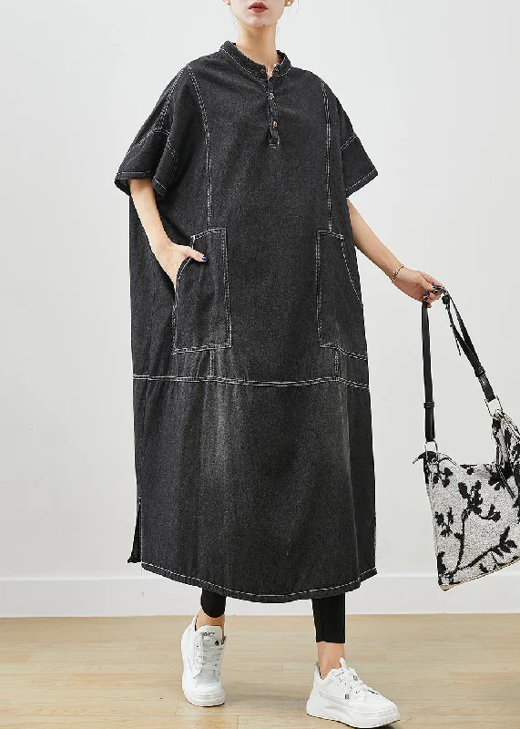 elegant shift dressFrench Black Stand Collar Oversized Denim Holiday Dress Short Sleeve