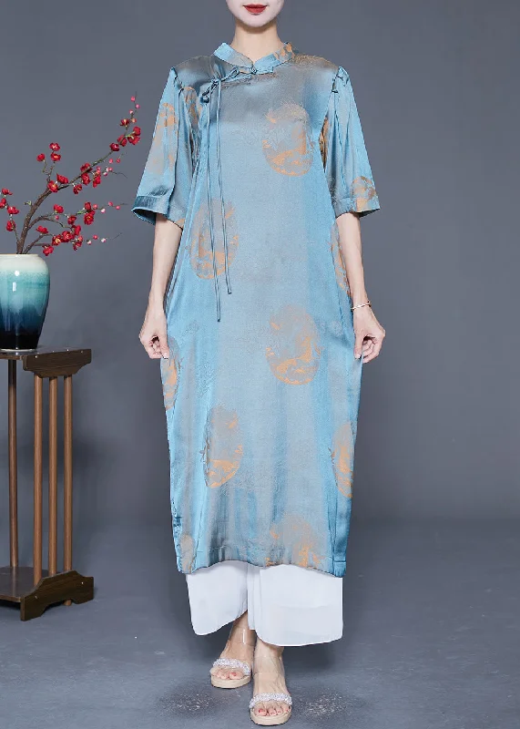 chic slip dressVintage Blue Mandarin Collar Print Silk Long Dresses Summer