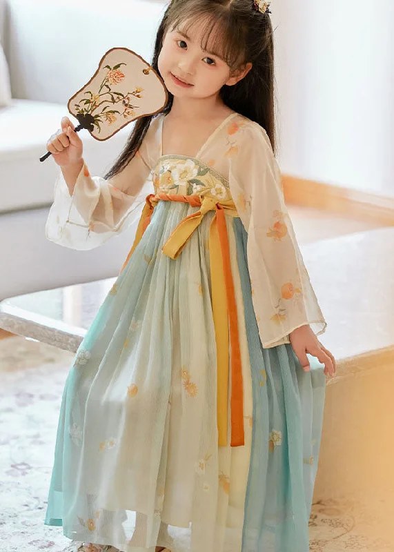 comfy dressBoutique Gradient Color Embroideried Wrinkled Chiffon Kids Girls Long Dresses Summer