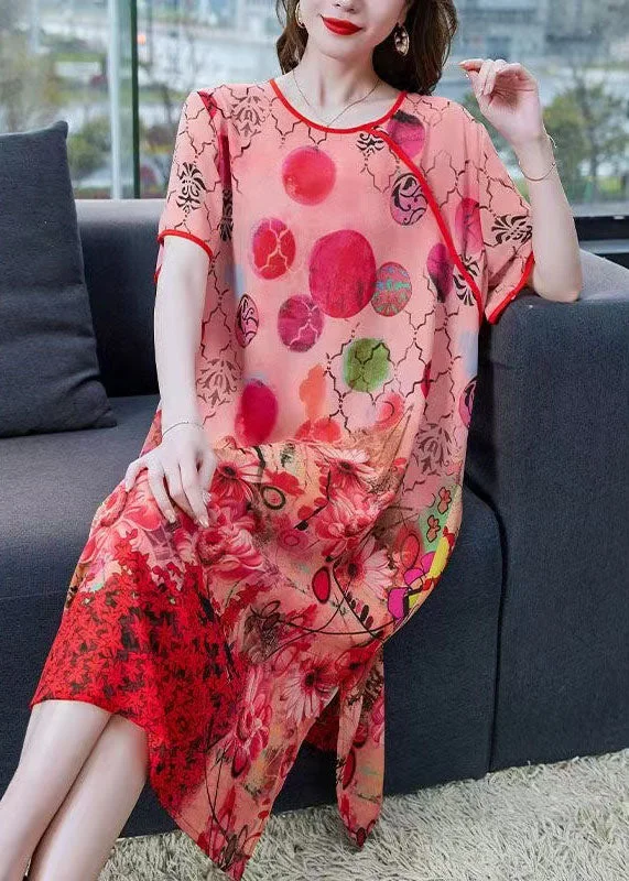 silk dressWomen Orange Print Side Open Patchwork Chiffon Dresses Summer