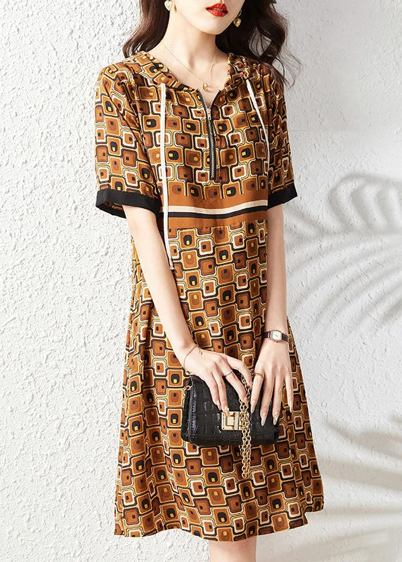 summer floral dressSlim Fit Coffee Print Zippered Hooded Chiffon Maxi Dress Summer