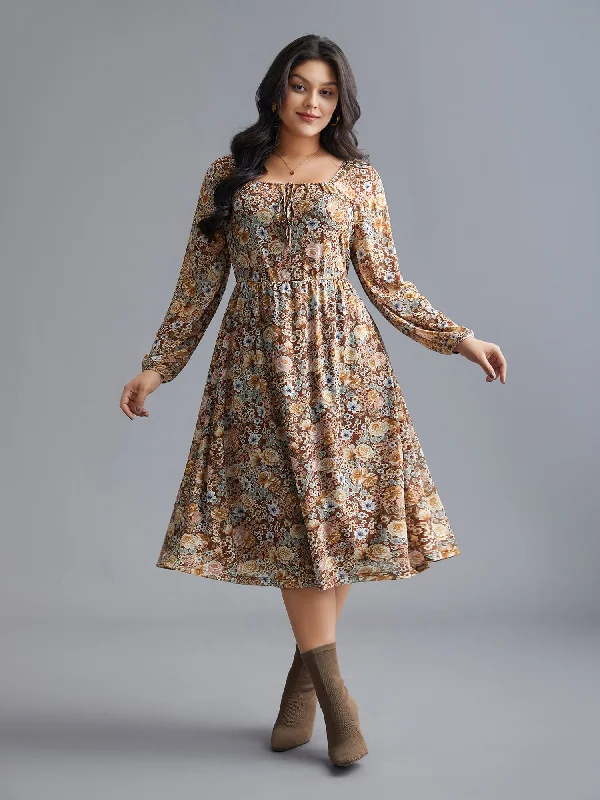 romantic dressSquare Neck Floral Ties Midi Dress