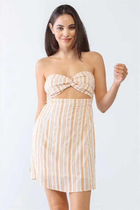 sleeveless dressWhite & Apricot Stripe Print Strapless Twist Cut-out Smocked Back Mini Dress