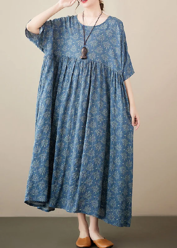 ashionable dressRetro Blue O-Neck Print Cotton Long Dresses Short Sleeve