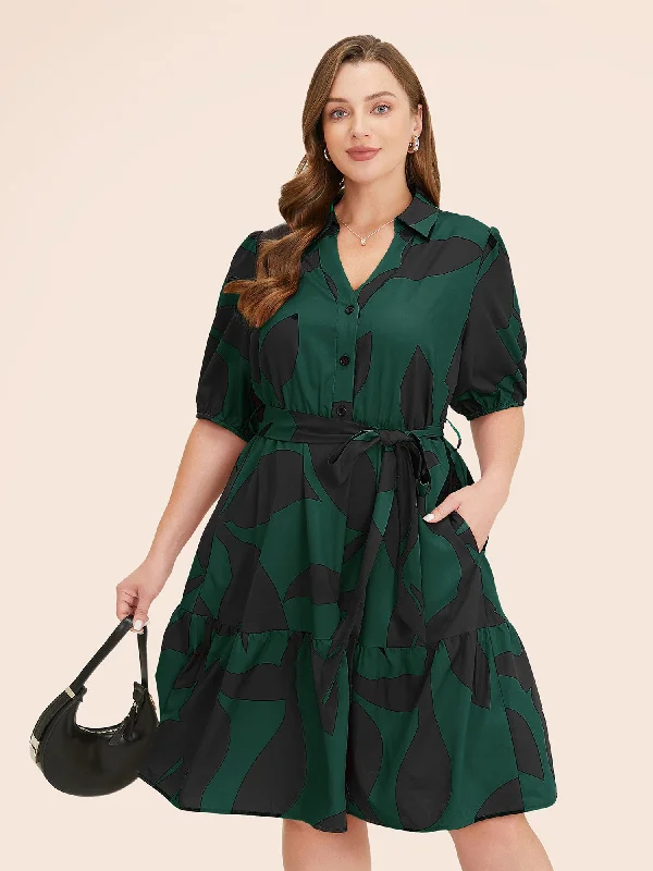 flowy evening dressPlant Pocket Puff Sleeve Belt Ruffle Hem Button Up Dress