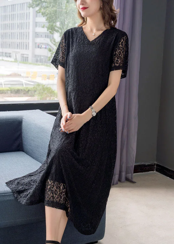 elegant shift dressSimple Black V Neck Wrinkled Patchwork Lace Dresses Summer