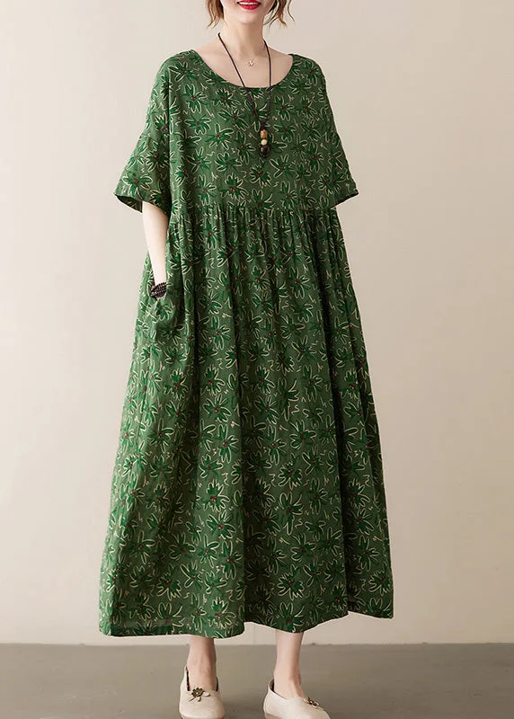 fitted cocktail dressGreen Patchwork Wrinkled Cotton Long Dress Summer