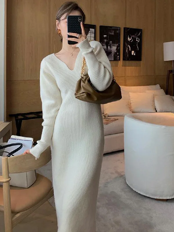 ashionable dressJulia Fashion - Women's Dress Robe V-Neck Sweater Kintted Dresses