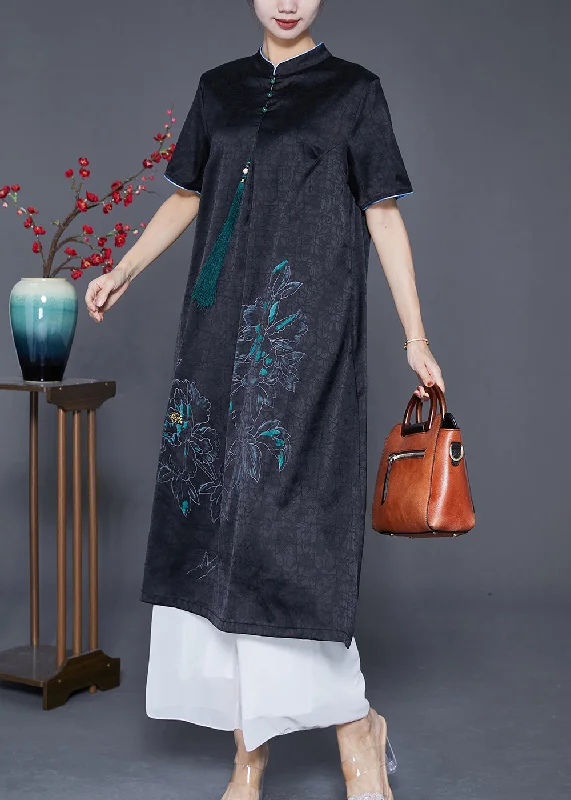 summer floral dressSlim Fit Black Stand Collar Print Tassel Silk Maxi Dress Summer