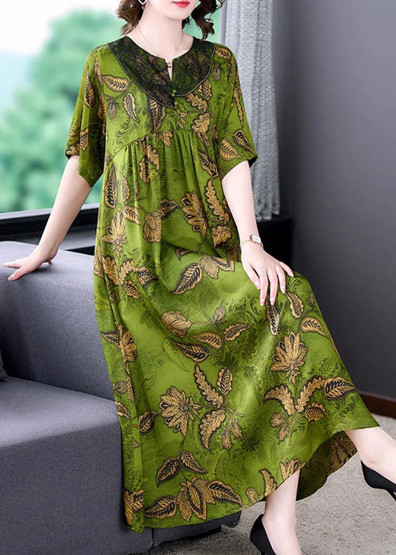 wool dressWomen Green Print Wrinkled Patchwork Silk Long Dress Summer