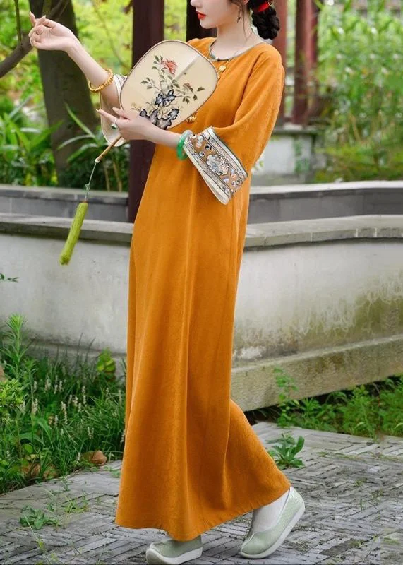 floral midi dressElegant Orange Button Print Silk Long Dresses Bracelet Sleeve