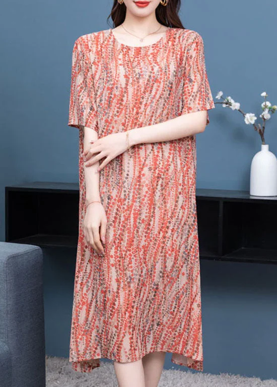 trendy mini dressElegant Orange O Neck Print Patchwork Chiffon Dress Summer