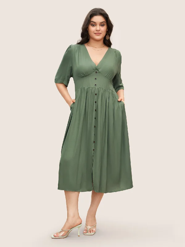 puff sleeve dressPlunging Neck Button Detail Pocket Maxi Dress