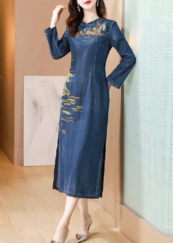 flowy dressChinese Style Blue Embroidered Patchwork Denim Long Dress Fall