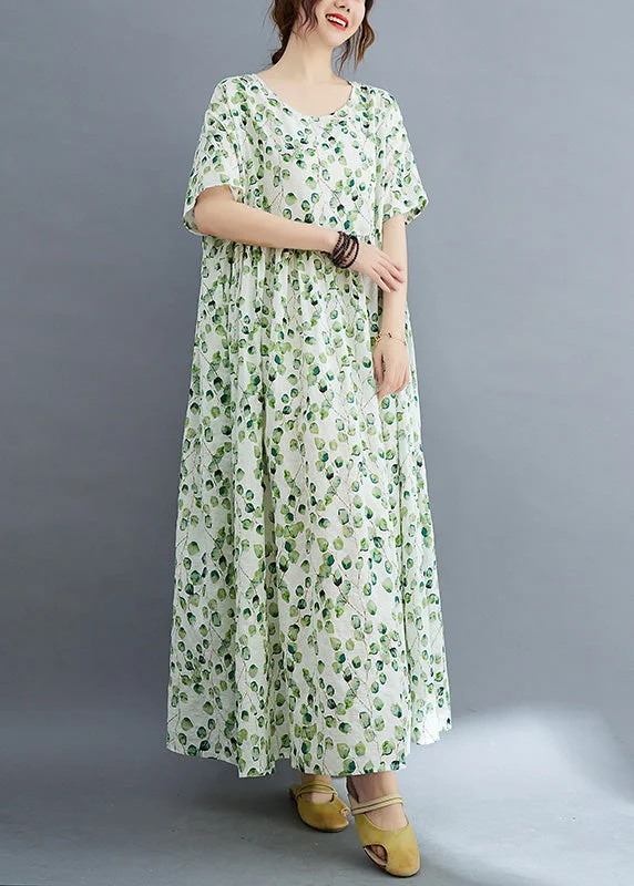 stylish party dressModern Green O-Neck Print Wrinkled Holiday Maxi Dress Summer