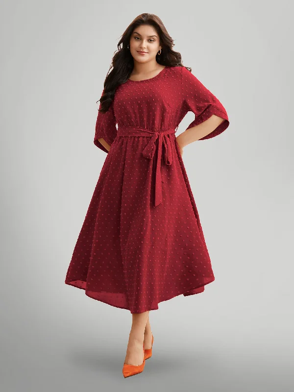 midi dressTextured Bell Sleeve Belted Arc Hem Dress