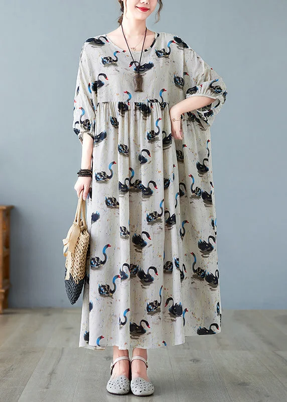 bodycon dressHandmade Black O-Neck Swan Print Patchwork Cotton Maxi Dresses Half Sleeve