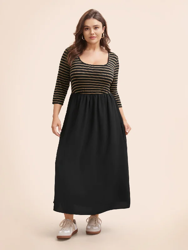 wool dressSquare Neck Striped Patchwork Midi Dress