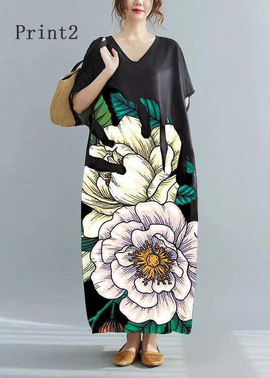 elegant dressLoose Black-print2 V Neck Oversized Leaf Print Chiffon Long Dress Short Sleeve