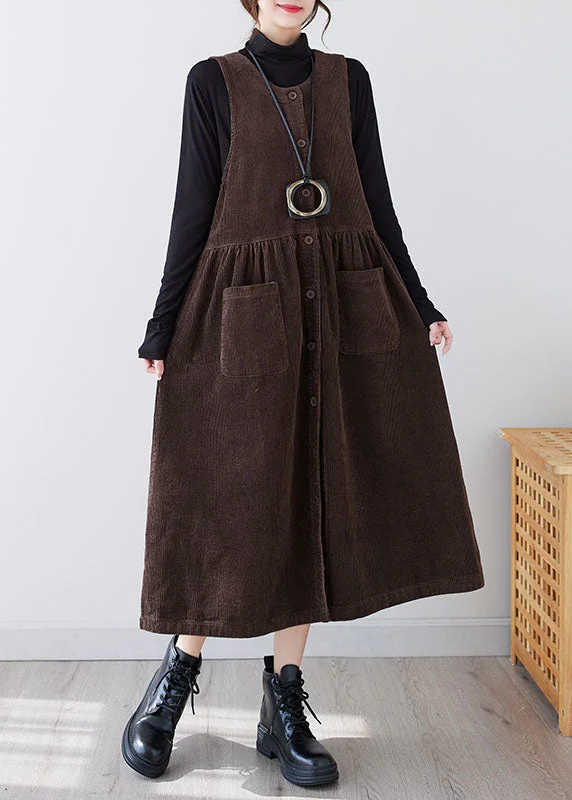 statement dressCoffee Wrinkled Button Corduroy Long Dresses Sleeveless