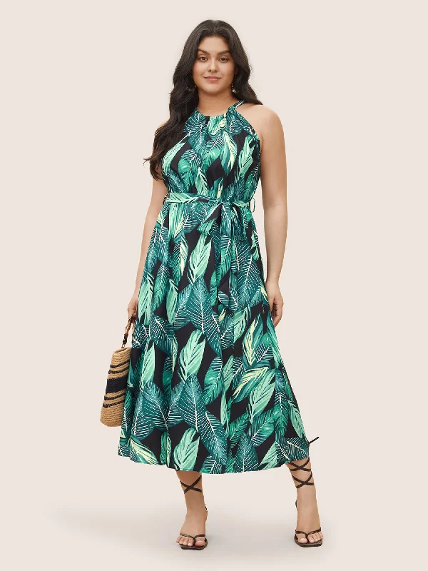 form-fitting dressTropical Print Knotted Pocket Ruffles Belted Halter Dress