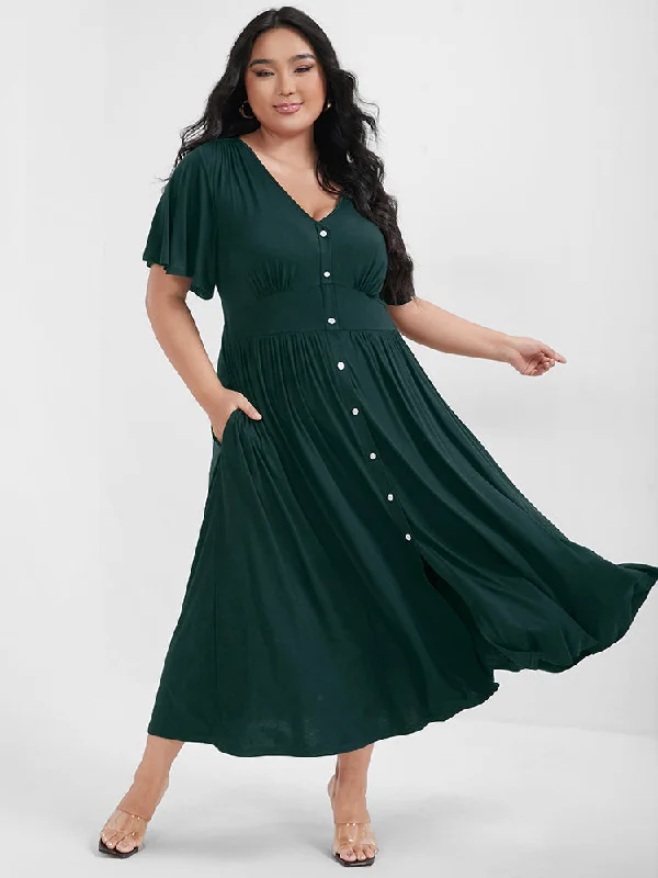 casual evening dressSolid Button Ruffled Split Pocket Modal Maxi Dress