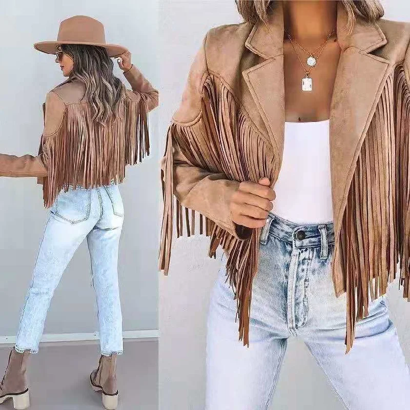 fitted trench coatFringed Hem Tassel Cardigan Crop Tops Motor Biker Jacket Suede Leather