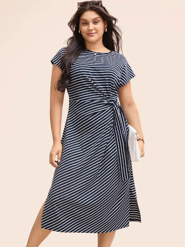 ruched dressStriped Split Side Cap Sleeve Midi Dress