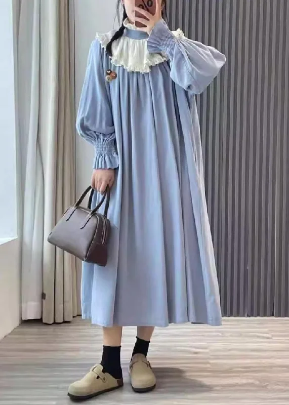 structured dressBlue Pockets Cotton Dress Peter Pan Collar Long Sleeve