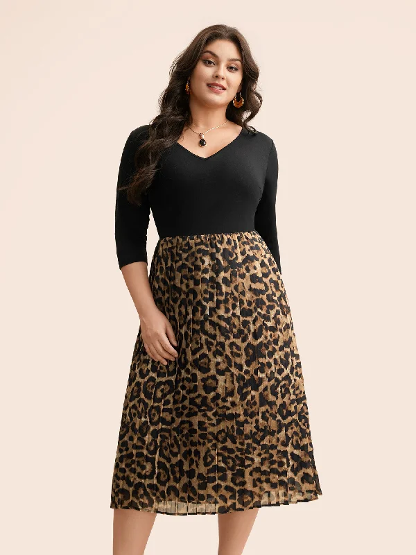 luxury dressV Neck Leopard Print Patchwork Dress