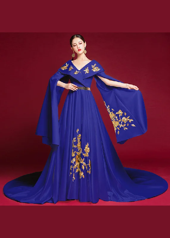 vintage-inspired dressRetro Blue V Neck Embroidered Patchwork Silk Dresses Long Sleeve