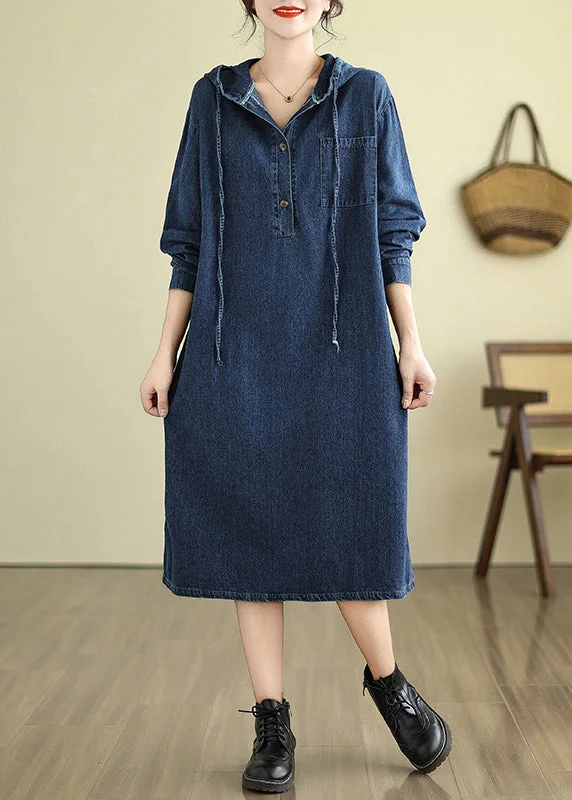 floral wrap dressLoose Navy Hooded Button Pockets Denim Dresses Fall