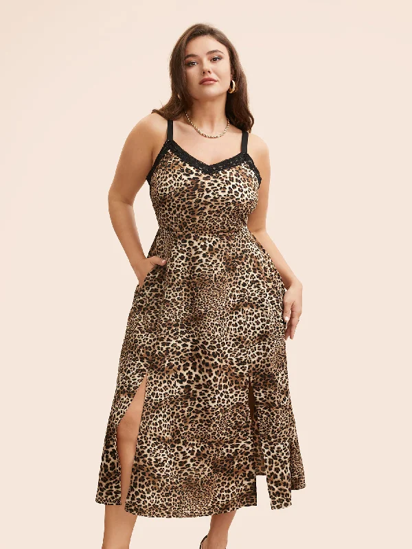 ruffle dressLeopard Print Lace Patchwork Slit Hem Dress