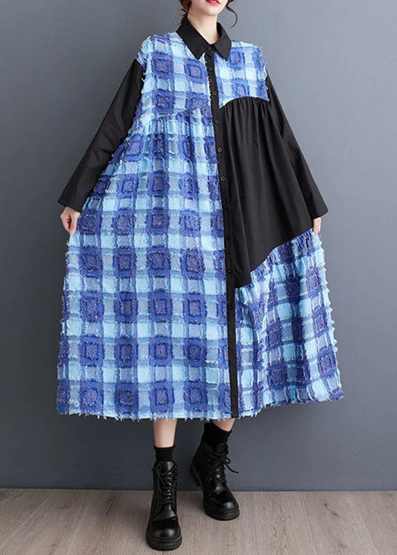 velvet dressBoho Blue Asymmetrical Tulle Patchwork Button Maxi Shirts Dress Fall