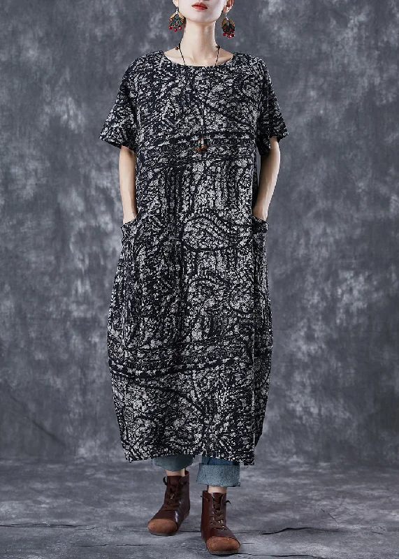 fitted cocktail dressSimple Black Oversized Print Linen Robe Dresses Summer