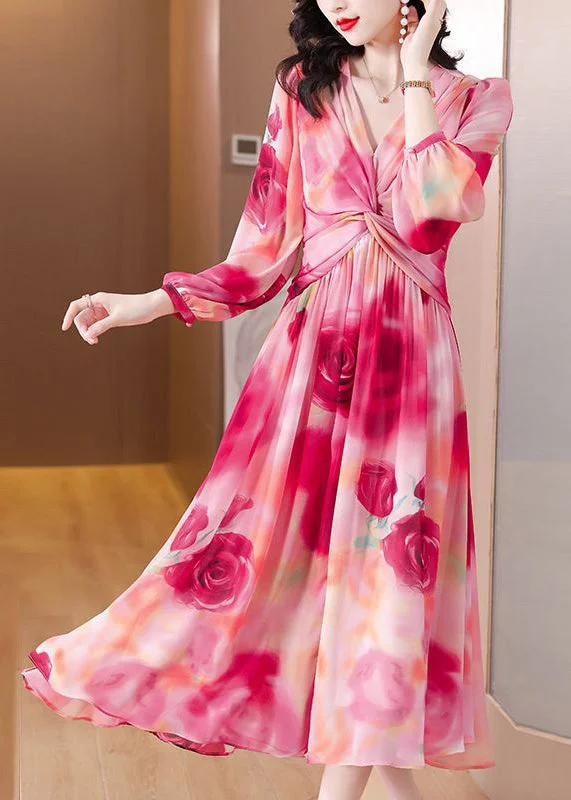 vintage-inspired dressUnique Pink Print High Waist Chiffon Dress Spring