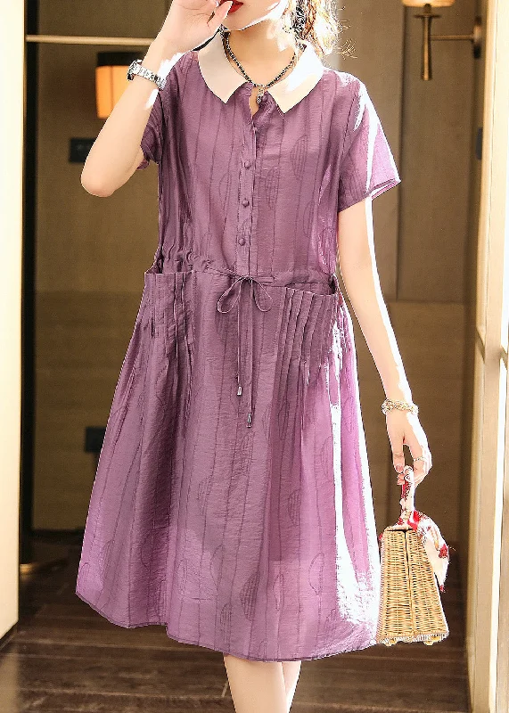 ruched dressItalian Purple O-Neck Patchwork Drawstring Button Party Long Dress Summer