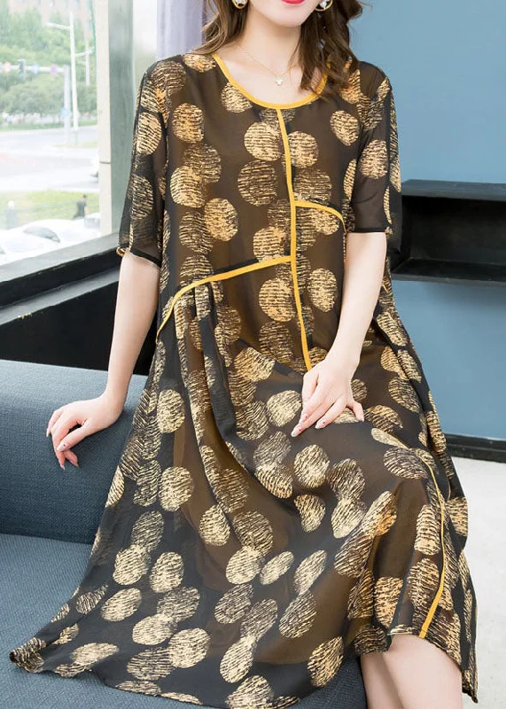 casual knit dressWomen Yellow O Neck Print Wrinkled Patchwork Chiffon Dresses Summer