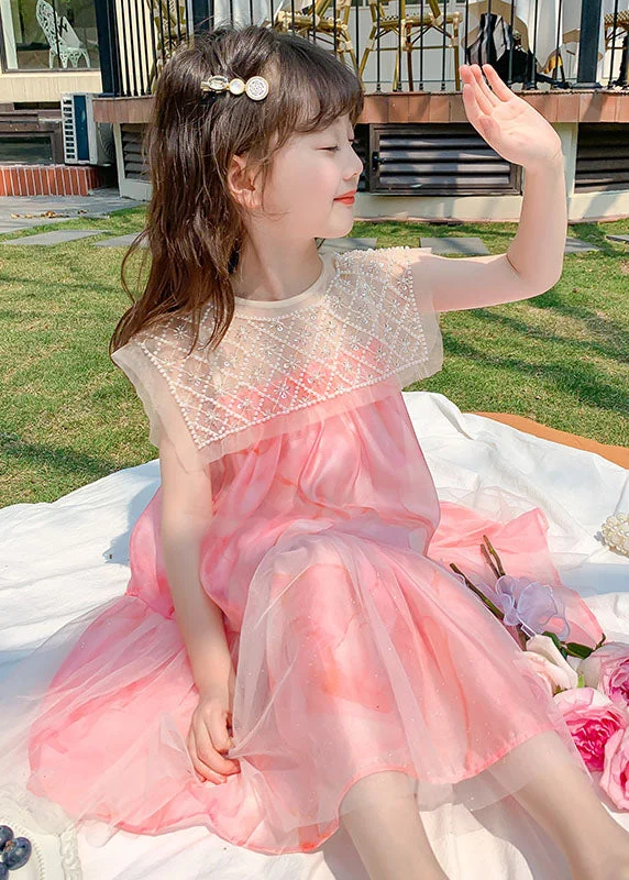 evening dressStylish Pink Nail Bead Wrinkled Patchwork Tulle Kids Girls Dress Summer