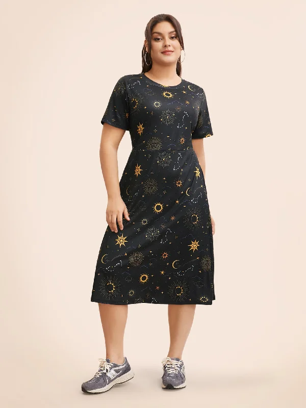 formal dressSun & Star Print Crew Neck Pocket Dress