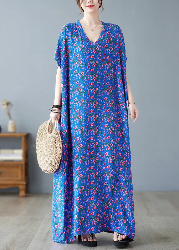 casual midi dressLoose Blue V Neck Print Long Dresses Short Sleeve