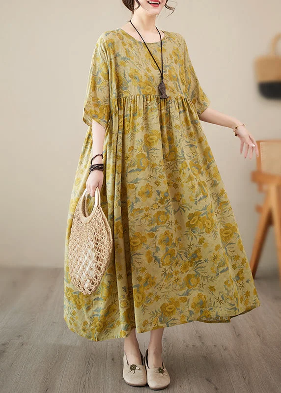 velvet dressStylish Yellow O-Neck Print Chiffon Vacation Long Dress Short Sleeve